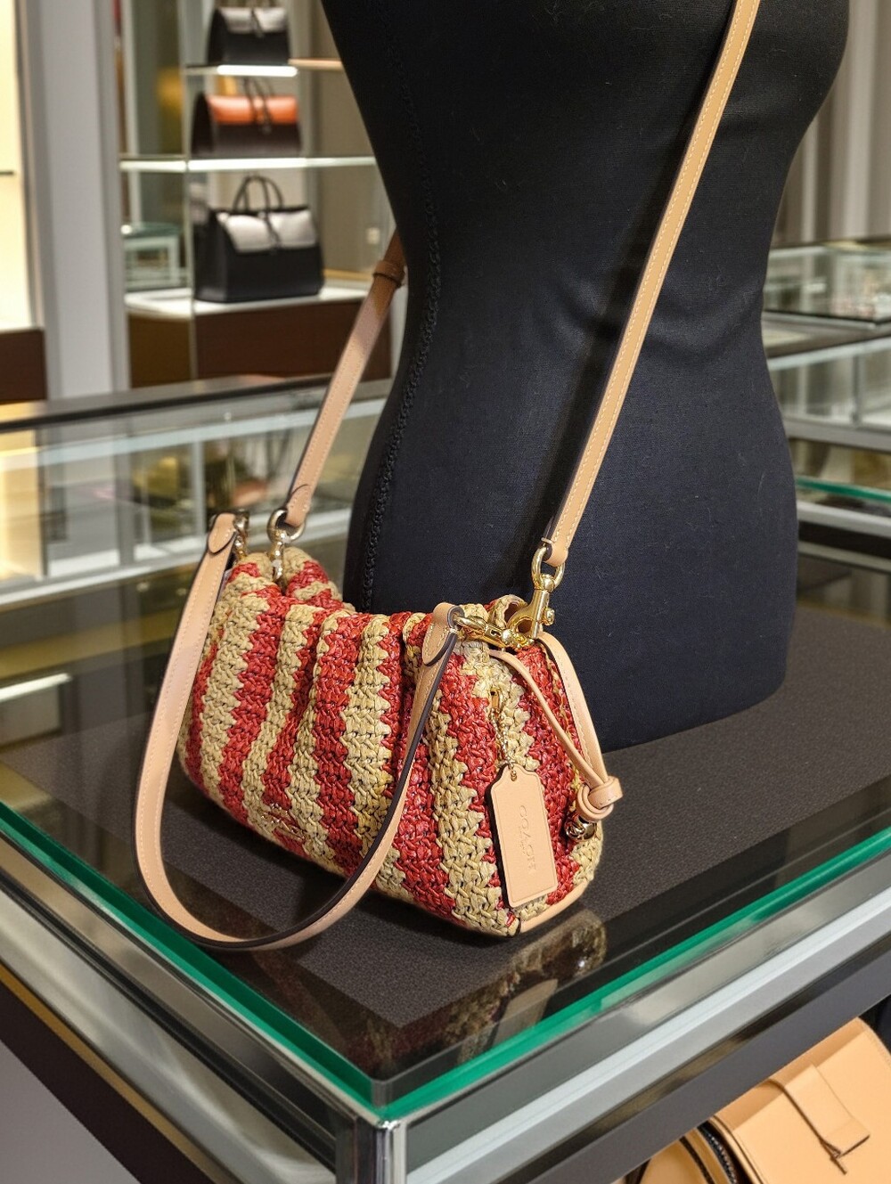COACH Straw Faye Drawstring Shoulder/Crossbody bag Striped NWT - Picture 9 of 14